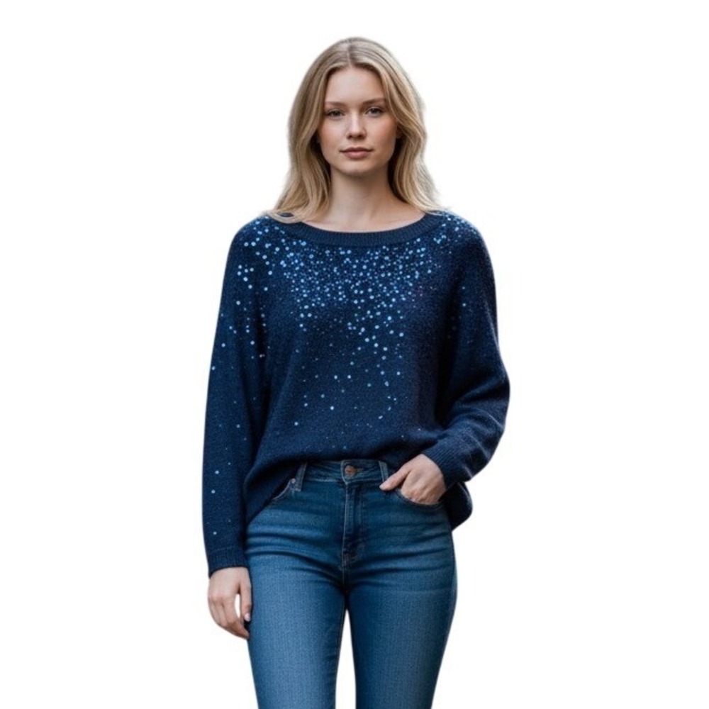 Vince Camuto Womens Sequin Crew Neck Sweater Classic Navy Blue 91623202 L